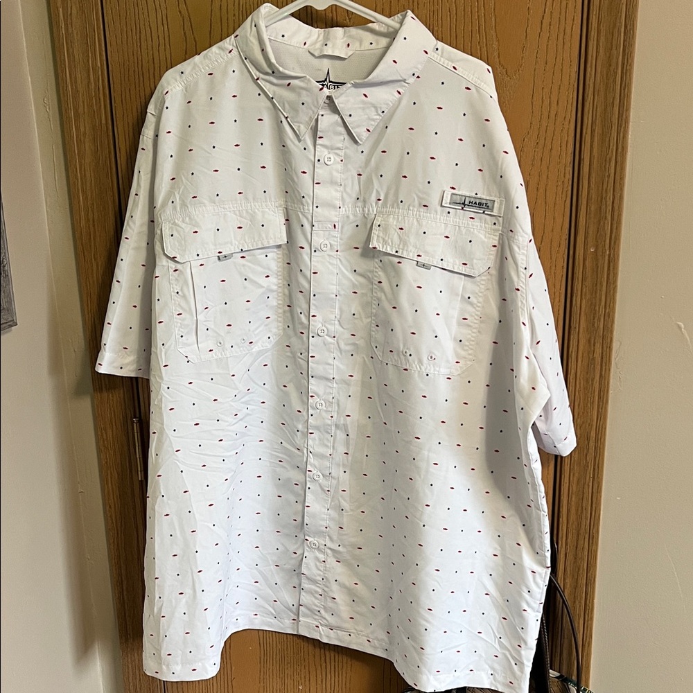 Men's White Button Down Shirt with Red Accents